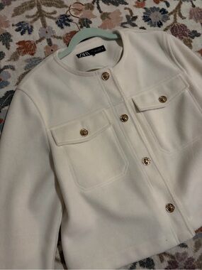 Zara Cream Classic Old Money Collarless Jacket with Gold Buttons